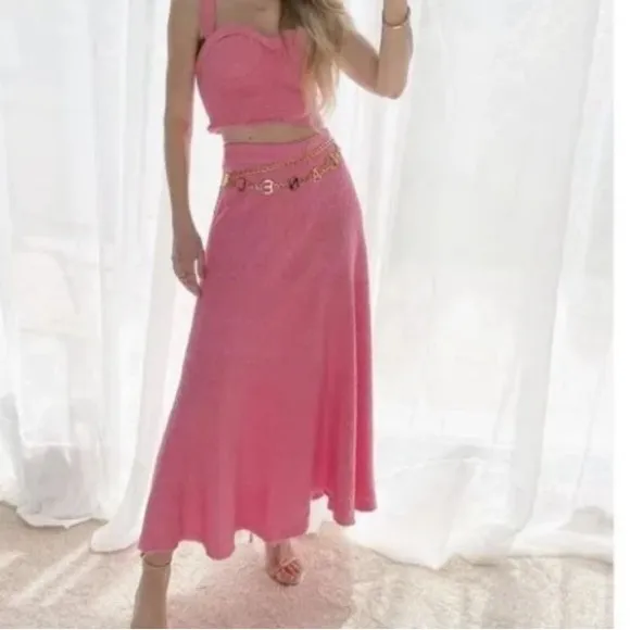 ZARA Pink Tweed Textured Fringe Swing Midi Skirt