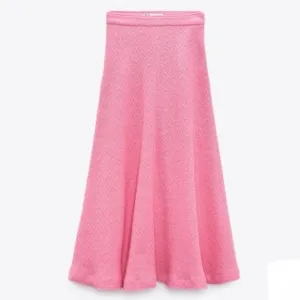 ZARA Pink Tweed Textured Fringe Swing Midi Skirt
