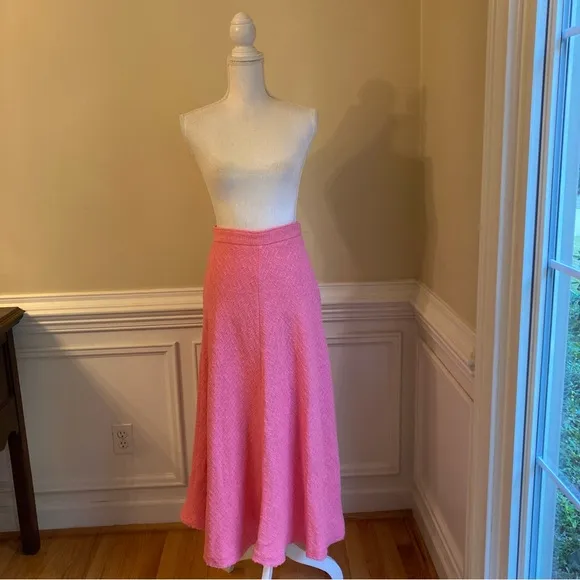ZARA Pink Tweed Textured Fringe Swing Midi Skirt