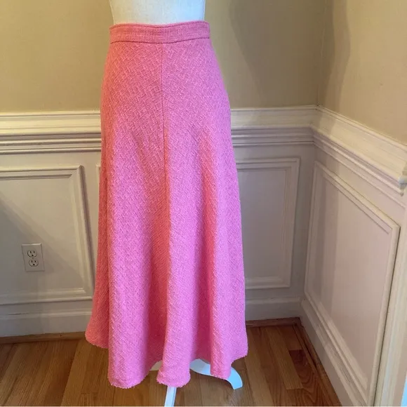ZARA Pink Tweed Textured Fringe Swing Midi Skirt