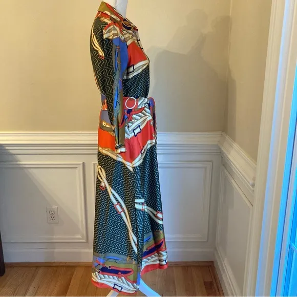 ZARA Scarf Print Midi Maxi Satin Long Sleeve Button Down Shirt Dress