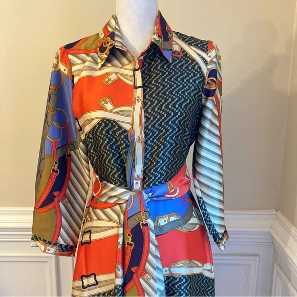 ZARA Scarf Print Midi Maxi Satin Long Sleeve Button Down Shirt Dress