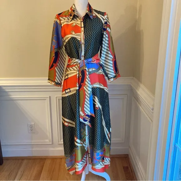 ZARA Scarf Print Midi Maxi Satin Long Sleeve Button Down Shirt Dress