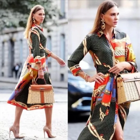 ZARA Scarf Print Midi Maxi Satin Long Sleeve Button Down Shirt Dress