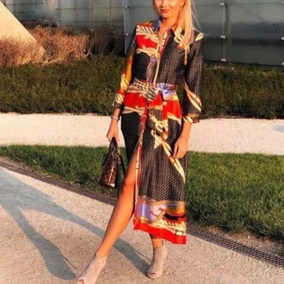 ZARA Scarf Print Midi Maxi Satin Long Sleeve Button Down Shirt Dress