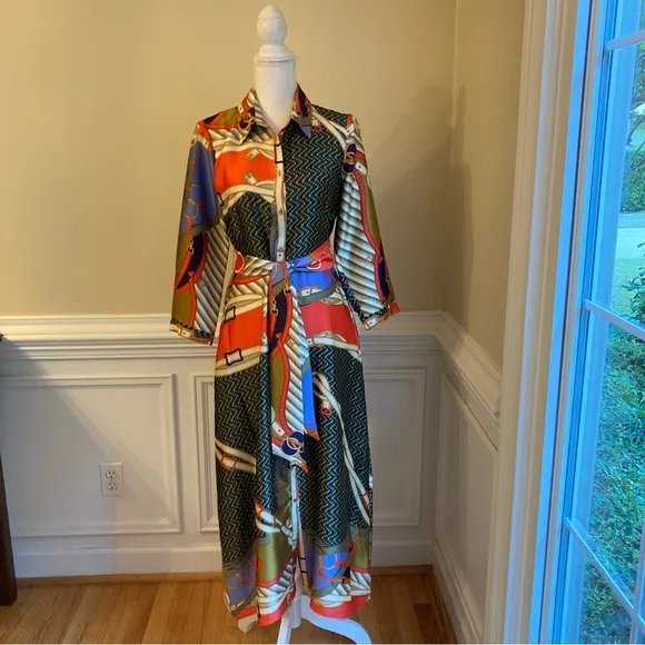 ZARA Scarf Print Midi Maxi Satin Long Sleeve Button Down Shirt Dress