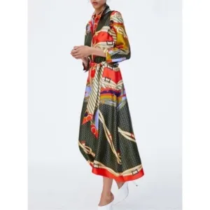 ZARA Scarf Print Midi Maxi Satin Long Sleeve Button Down Shirt Dress