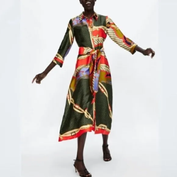 ZARA Scarf Print Midi Maxi Satin Long Sleeve Button Down Shirt Dress