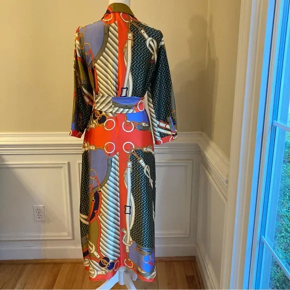 ZARA Scarf Print Midi Maxi Satin Long Sleeve Button Down Shirt Dress
