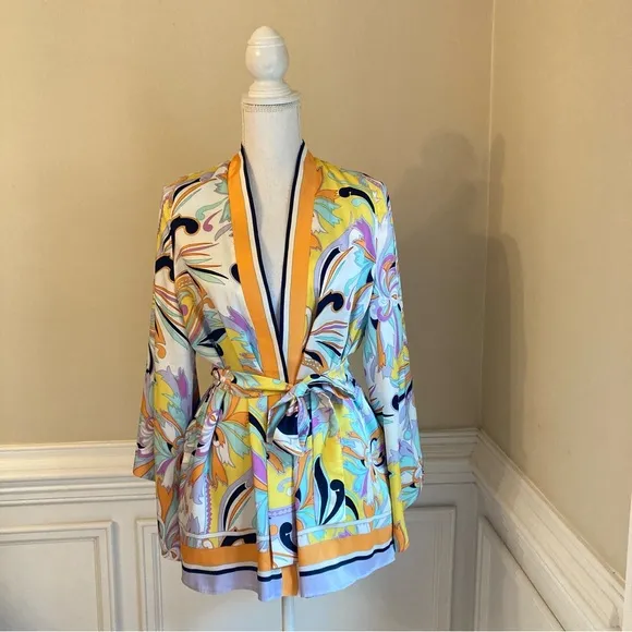 ZARA Set Scarf Paisley Print Satin Multicolor Purple Orange Kimono Wrap Jacket