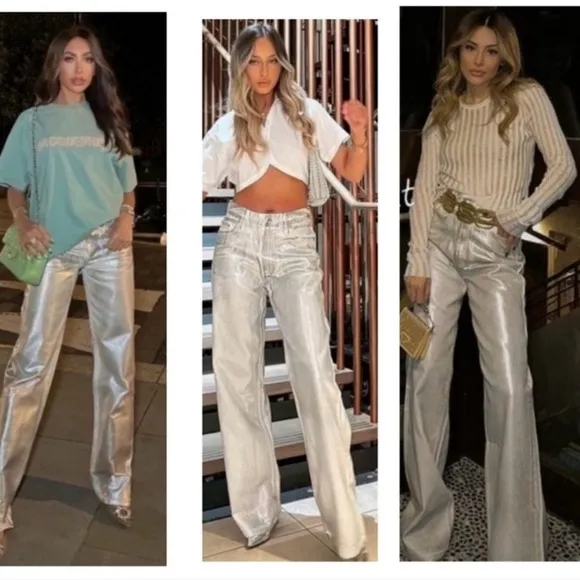 ZARA Silver Metallic Foil Wide Leg Jeans NWT