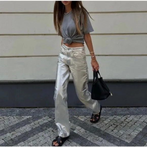 ZARA Silver Metallic Foil Wide Leg Jeans NWT
