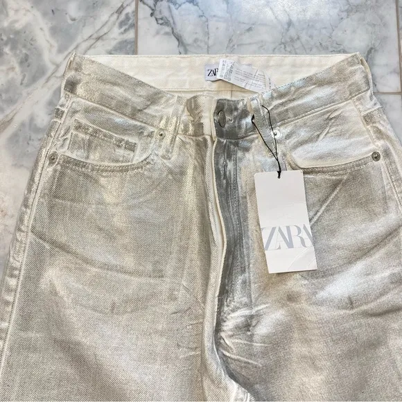 ZARA Silver Metallic Foil Wide Leg Jeans NWT