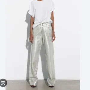 ZARA Silver Metallic Foil Wide Leg Jeans NWT