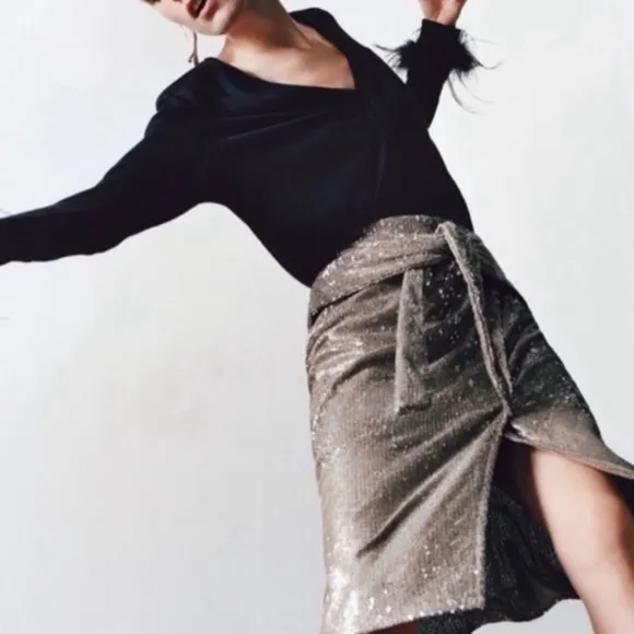 ZARA Silver Sequin Faux Wrap Skirt