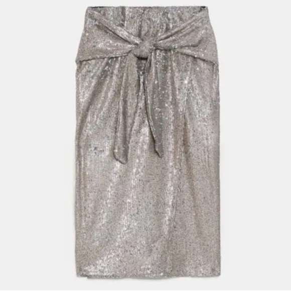 ZARA Silver Sequin Faux Wrap Skirt