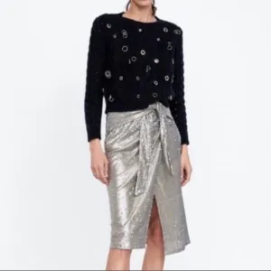 ZARA Silver Sequin Faux Wrap Skirt