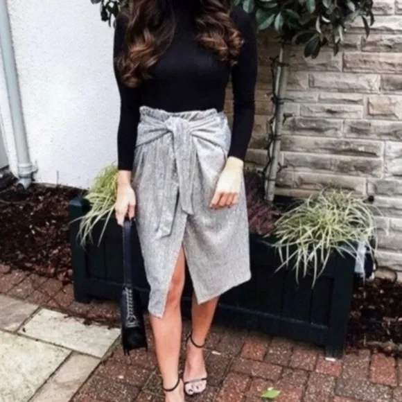 ZARA Silver Sequin Faux Wrap Skirt