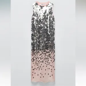 ZARA Silver Sequin Paillette Nude Mesh Tulle Sleeveless Midi Dress