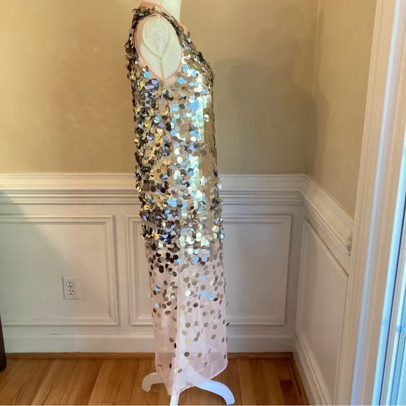 ZARA Silver Sequin Paillette Nude Mesh Tulle Sleeveless Midi Dress