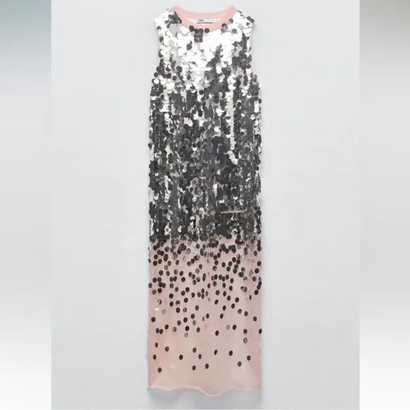 ZARA Silver Sequin Paillette Nude Mesh Tulle Sleeveless Midi Dress