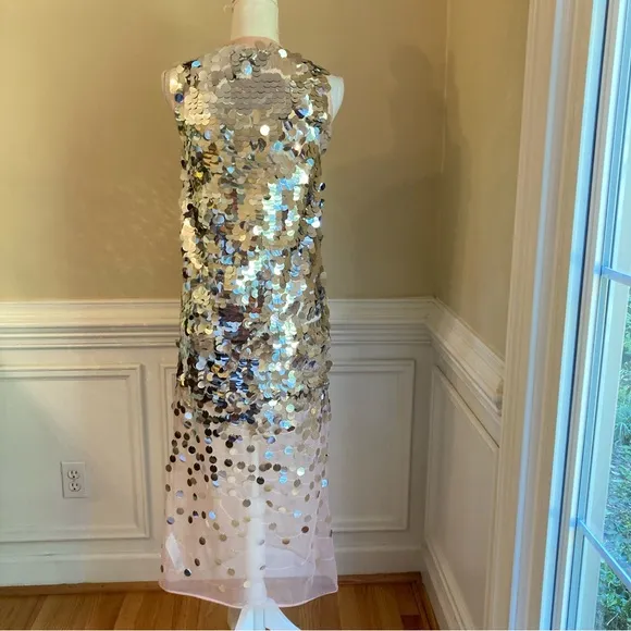 ZARA Silver Sequin Paillette Nude Mesh Tulle Sleeveless Midi Dress
