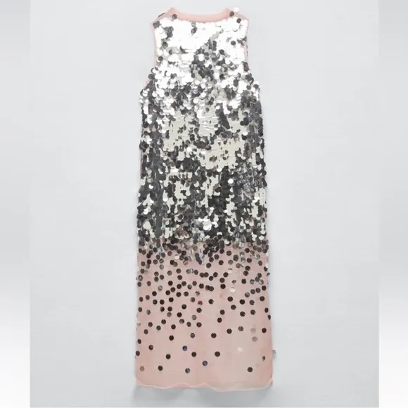 ZARA Silver Sequin Paillette Nude Mesh Tulle Sleeveless Midi Dress