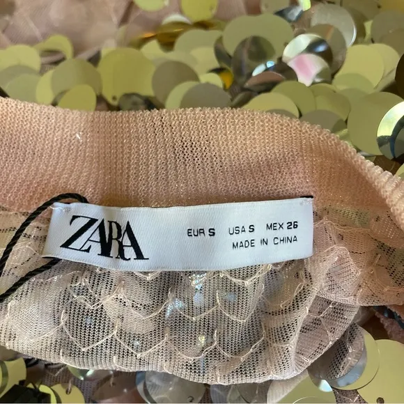 ZARA Silver Sequin Paillette Nude Mesh Tulle Sleeveless Midi Dress