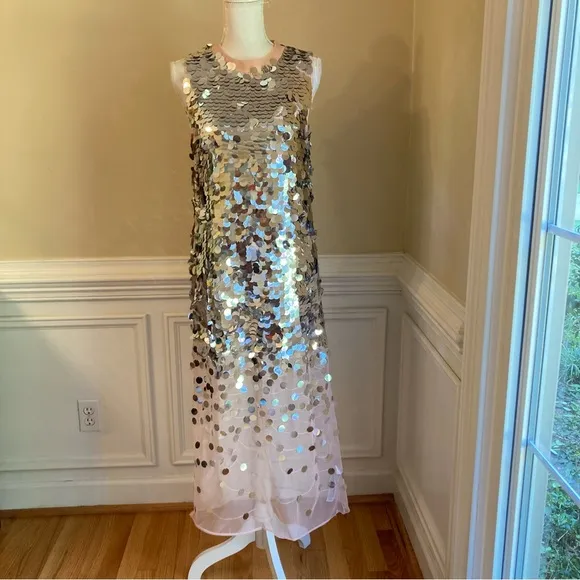 ZARA Silver Sequin Paillette Nude Mesh Tulle Sleeveless Midi Dress