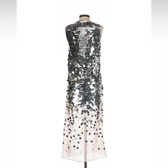 ZARA Silver Sequin Paillette Nude Mesh Tulle Sleeveless Midi Dress