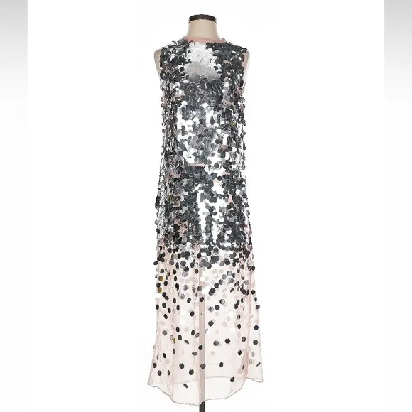 ZARA Silver Sequin Paillette Nude Mesh Tulle Sleeveless Midi Dress