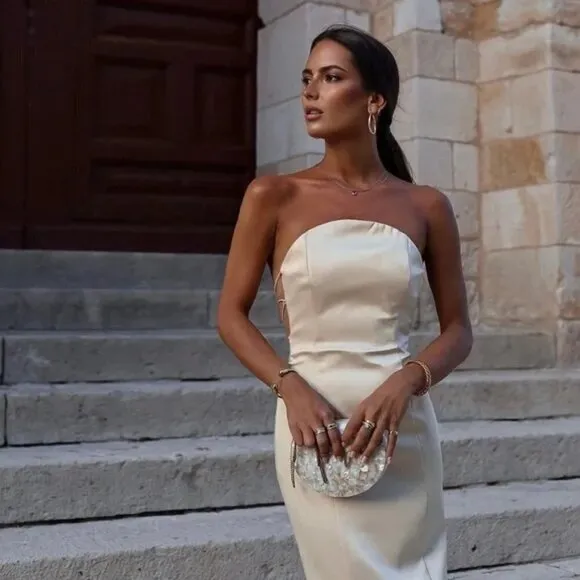ZARA STRAPLESS SATIN EFFECT MIDI DRESS