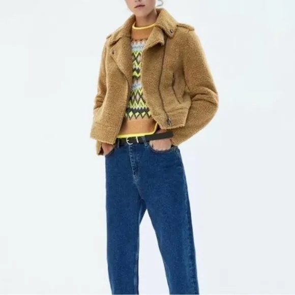 ZARA Tan Brown Teddy Fur Moto Jacket Coat