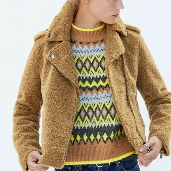 ZARA Tan Brown Teddy Fur Moto Jacket Coat