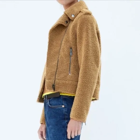 ZARA Tan Brown Teddy Fur Moto Jacket Coat