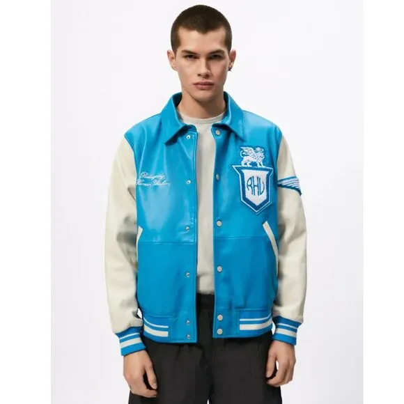 Zara X Rhuigi Leather Varsity Bomber Jacket Blue White NWT