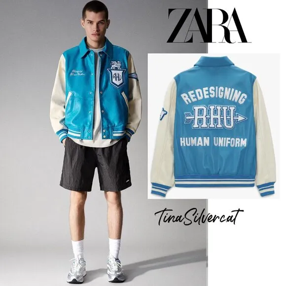Zara X Rhuigi Leather Varsity Bomber Jacket Blue White NWT