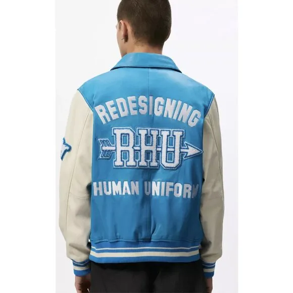Zara X Rhuigi Leather Varsity Bomber Jacket Blue White NWT