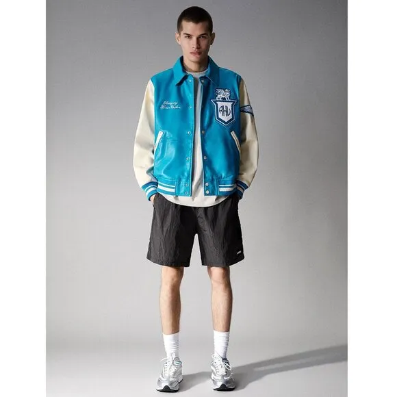 Zara X Rhuigi Leather Varsity Bomber Jacket Blue White NWT