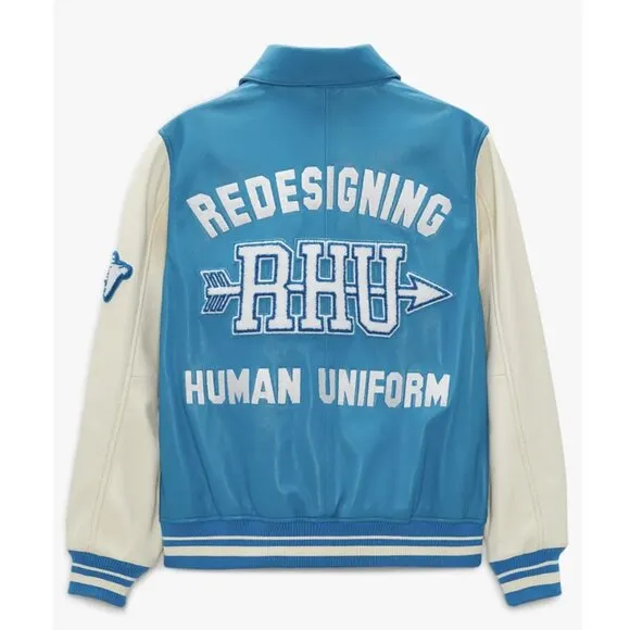 Zara X Rhuigi Leather Varsity Bomber Jacket Blue White NWT