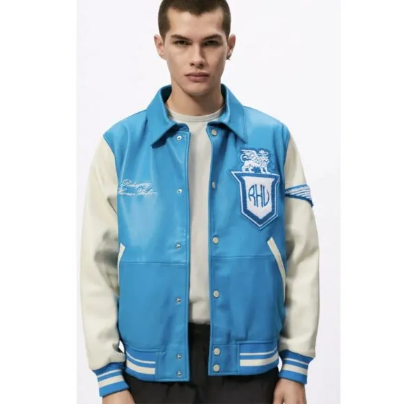 Zara X Rhuigi Leather Varsity Bomber Jacket Blue White NWT