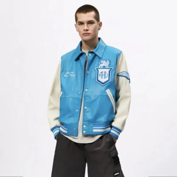 Zara X Rhuigi Leather Varsity Bomber Jacket Blue White NWT