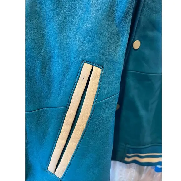 Zara X Rhuigi Leather Varsity Bomber Jacket Blue White NWT