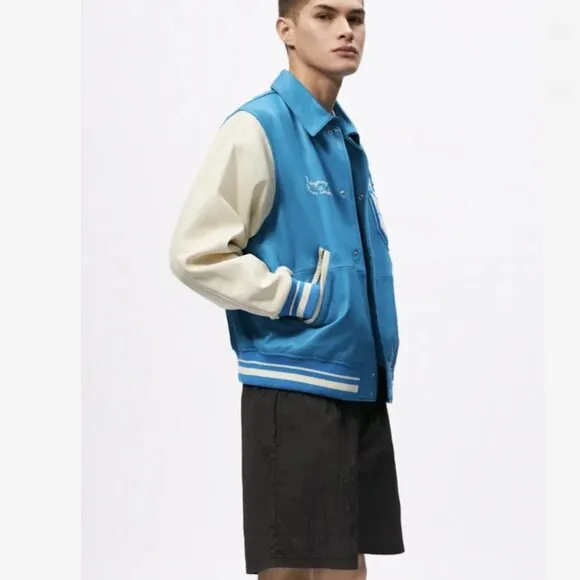 Zara X Rhuigi Leather Varsity Bomber Jacket Blue White NWT