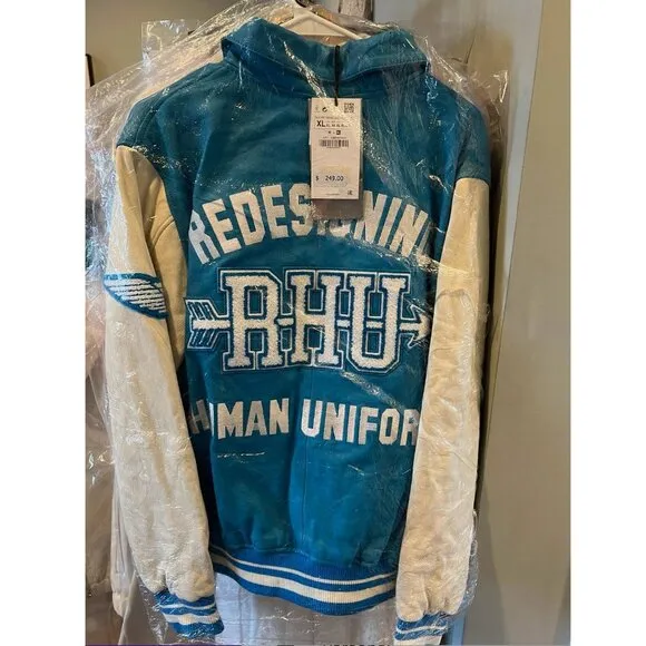 Zara X Rhuigi Leather Varsity Bomber Jacket Blue White NWT