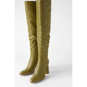 ZARA NWT GREEN LEATHER HIGH HEEL BOOTS OVER THE KNEE SIZE US 7.5 Bloggers Fav.