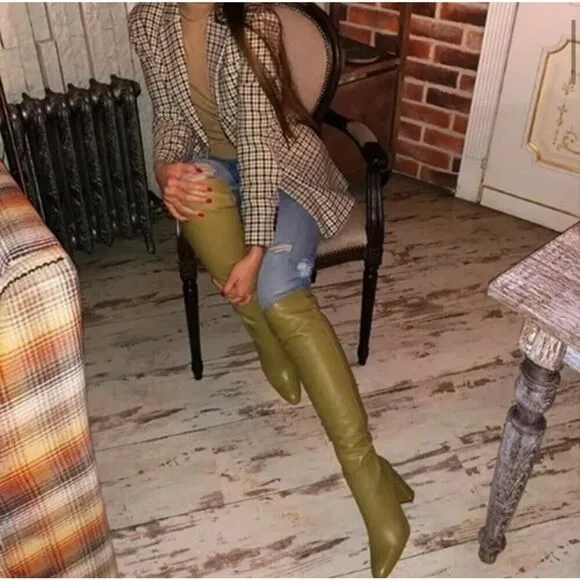ZARA NWT GREEN LEATHER HIGH HEEL BOOTS OVER THE KNEE SIZE US 7.5 Bloggers Fav.