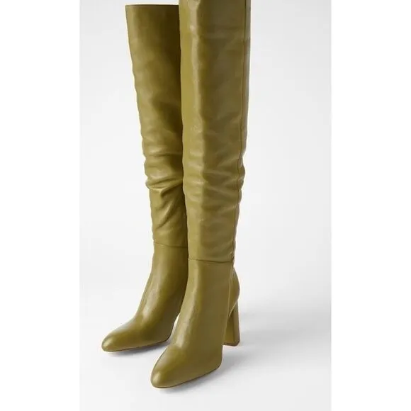 ZARA NWT GREEN LEATHER HIGH HEEL BOOTS OVER THE KNEE SIZE US 7.5 Bloggers Fav.