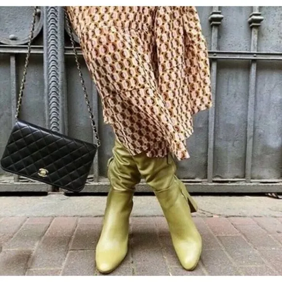 ZARA NWT GREEN LEATHER HIGH HEEL BOOTS OVER THE KNEE SIZE US 7.5 Bloggers Fav.