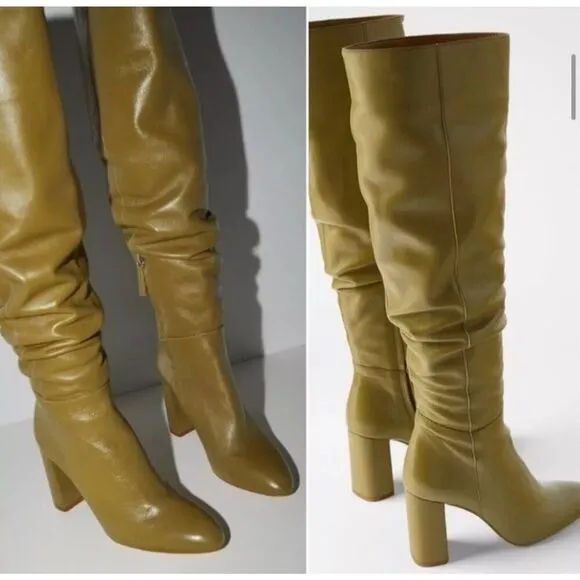 ZARA NWT GREEN LEATHER HIGH HEEL BOOTS OVER THE KNEE SIZE US 7.5 Bloggers Fav.